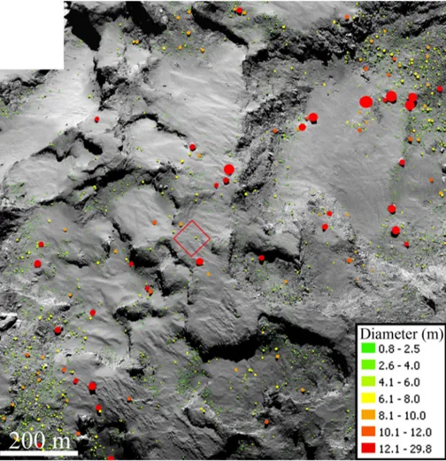 Figure 2. The spatial distribution of the boulders identified on the OSIRIS images on Agilkia