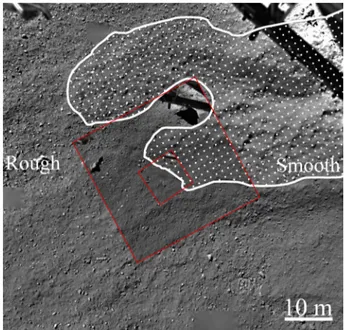 Figure 7. The spatial distribution of boulders identified on the OSIRIS NAC image on the geomorphological unit (yellow boundary) where Philae landed