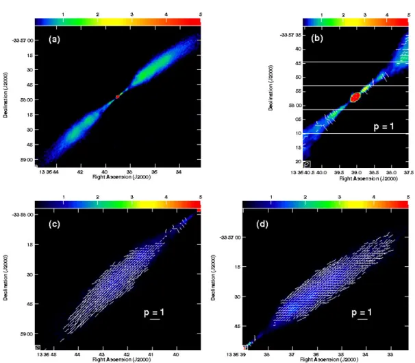 Figure A3. VLA images of IC 4296 at 4.9 GHz. (a) Total intensity. (b) E-vectors with lengths proportional to degree of polarization, p = P/I, superimposed on total intensity for the inner jets