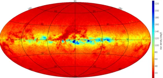 Figure 5. All-sky chart of our UCAC4-RPM catalogue, DSLF5 subset. Areal density is linearly colour-coded from 30 deg −2 (pure red) to 80 deg −2 (pure yellow) and 220 deg −2 (deep blue)