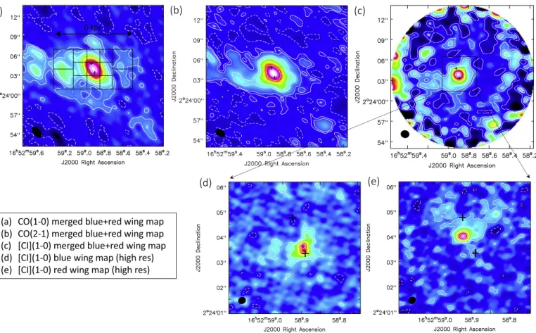 Figure 1. Extended NGC 6240 outﬂow observed using different molecular gas tracers. The outﬂow emission, integrated within vä(−650, −200) km s −1 (blue wing) and v ä(250, 800) km s −1 (red wing) and combined together, is shown in the maps (a)–(c), resp