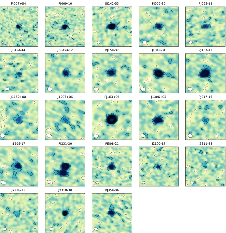 Figure 2. ALMA postage stamps showing the continuum-subtracted [C II ] line maps of each of the 27 sources in our sample, integrated over a width of  1.4 ´ s line , in order to maximize the line S/N