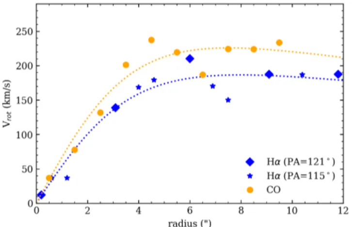 Fig. 7. Rotation curve of NGC 613. The orange circles represent the CO kinematics from our ALMA observations and the blue diamonds and stars are the Hα measurements by Burbidge et al