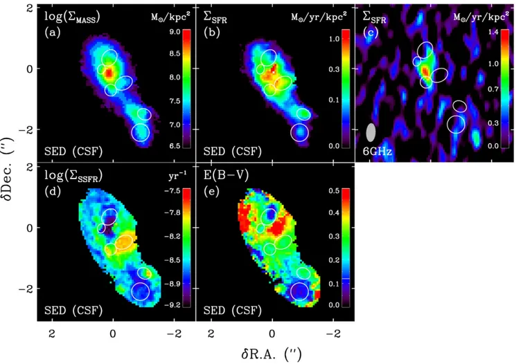 Figure 3. Resolved maps for UDF6462. From left to right and top to bottom: (a) map of stellar mass surface density; (b) SFR surface density map; (c) map of the SFR density obtained from the VLA 6 GHz observations (VLA beam shown as grey ellipse in the bott
