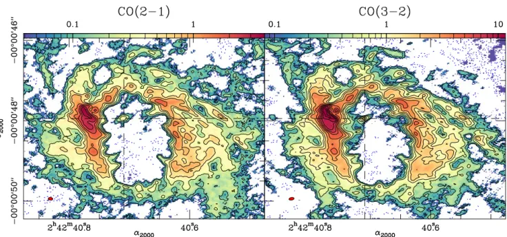 Fig. 3. Left panel: CO(2–1) integrated intensity map obtained with ALMA in the CND of NGC 1068 using the MSR data set as defined in Table 1.