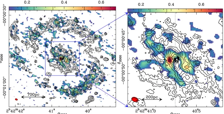 Fig. 4. Left panel: overlay of the Paα emission HST map (contours) on the C 2 H(1–0) integrated intensity map (color scale as in Fig