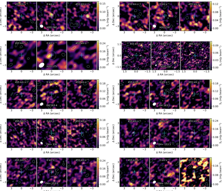 Figure 11. Nondetected H 2 O, OH, and OH + emission lines in J1342 +0928. Full (dashed) contours represent the +(-) 2σ and 4σ emission signiﬁcance