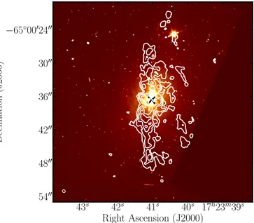Fig. 2. Hubble Space Telescope WFPC2 image of PKS B1718–649 with the contours of the total intensity map of the 12 CO (2–1) line detected in the innermost 15 kpc overlaid