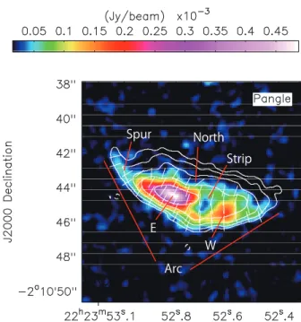 Figure 1. ALMA image at 97.5 GHz of 3C 445 South in to- to-tal intensity (contours) overlaid on polarization intensity  (colour-scale)