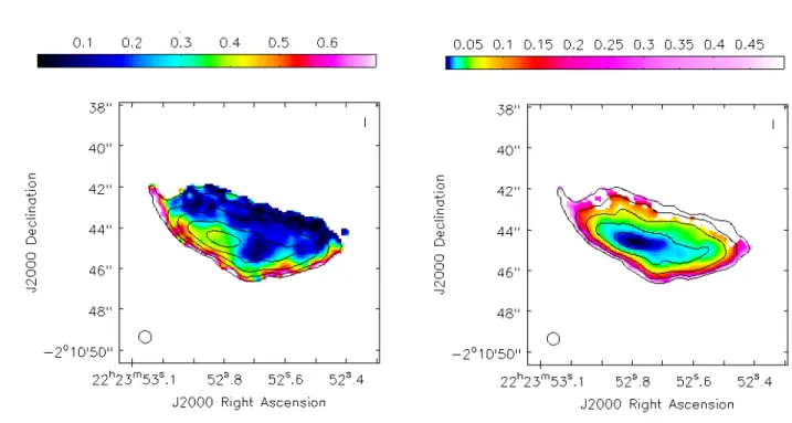 Figure 2. ALMA image at 97.5 GHz of 3C 445 South in total intensity (contours) overlaid on the fractional polarization (left panel) and fractional polarization error (right panel) images (colour-scale)
