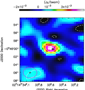 Figure 2. The SMA continuum image obtained using Briggs weighting (ro- (ro-bustness = 0.5) at a central frequency of 219 GHz, and centred at the phase centre of the observations (Table 2)