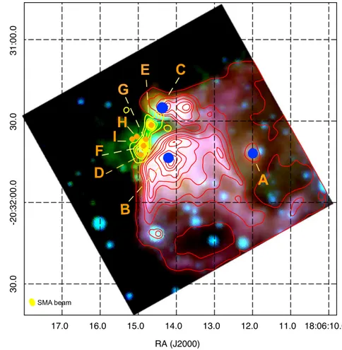 Fig. 1. Spitzer/IRAC three-colour composite image at 8, 4.5, and 3.6 µm in red, green, and blue, respectively, of the star forming region G9.62