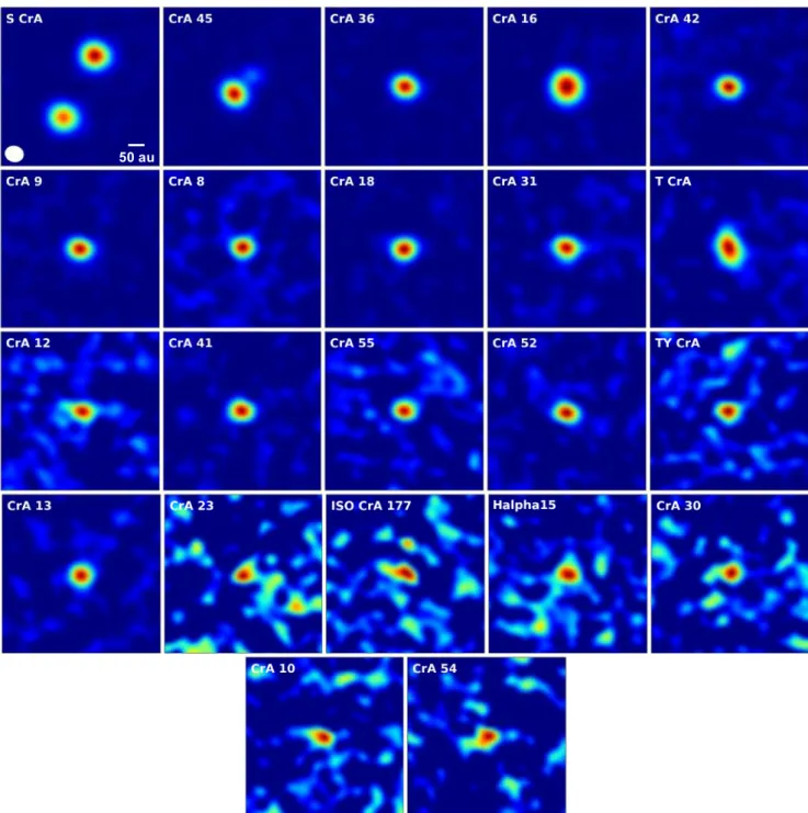Fig. 3. ALMA Band 6 1.3 mm continuum images of the 24 detections in CrA. The size of the images is 3 00 × 3 00 