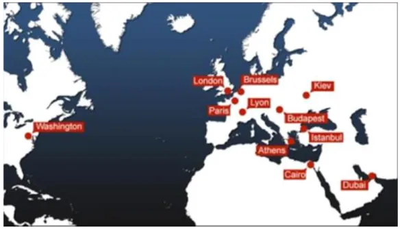 Figure 2. Euronews’ editorial bureaux worldwide (Euronews, 2016, p. 7) 