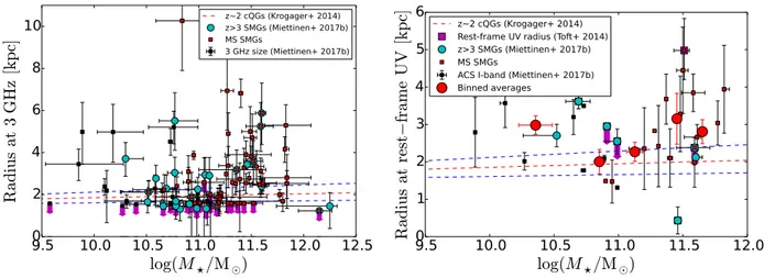 Fig. 14. Radii of our SMGs plotted against their stellar masses. In the left panel, we plot the observed-frame 3 GHz radio-emitting sizes (defined as half the deconvolved major axis FWHM) from Miettinen et al