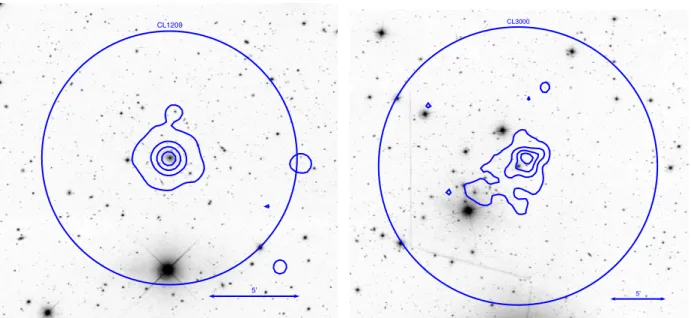 Fig. 3. Optical (r-band) image of CL1209 (left-hand panel) and CL3000 (right-hand panel) with superimposed X-ray countours in the [0.5 −2] keV band, the latter smoothed with a Gaussian with σ ∼ 45 arcsec