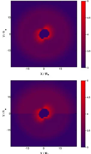 Fig. 6. Upper panel: Brγ intensity distribution map (for v r = 0 km s −1 ) of the best-fit disc-wind model (P5) overlapped on the map of the disc continuum with symmetric brightness distribution