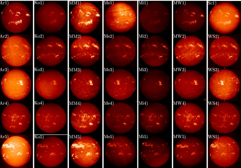 Fig. 1. Raw Ca II K density images from the Arcetri (Ar), Kodaikanal (Ko), McMath-Hulbert (MM), Meudon (Me), Mitaka (Mi), Mt Wilson (MW), Schauinsland (Sc), and Wendelstein (WS) observatories (Sc and WS are shown in a single column due to their low number 