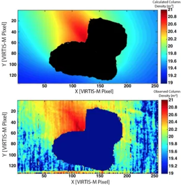 Figure 2. Comparison of the H 2 O column density (m −2 ) map observed by Rosetta VIRTIS-M [observation I1_00387442903, Migliorini et al