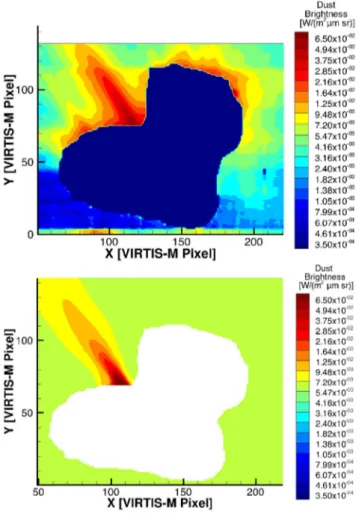 Figure 4. Comparison of the cometary dust brightness map observed by Rosetta VIRTIS-M [observation I1_00387379010 taken on  2015-04-11T13:40:00, Migliorini et al