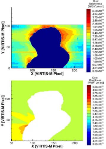 Figure 6. Comparison of the cometary dust brightness map observed by Rosetta VIRTIS-M [observation I1_00387554894 taken on  2015-4-13T14:21:00, Migliorini et al