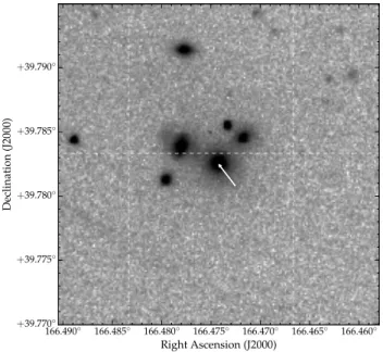 Fig. 3 Image of the compact group of galaxies Shk 007 with 5BZG J1105+3946 indicated by the arrow (adapted from SDSS r-band image)