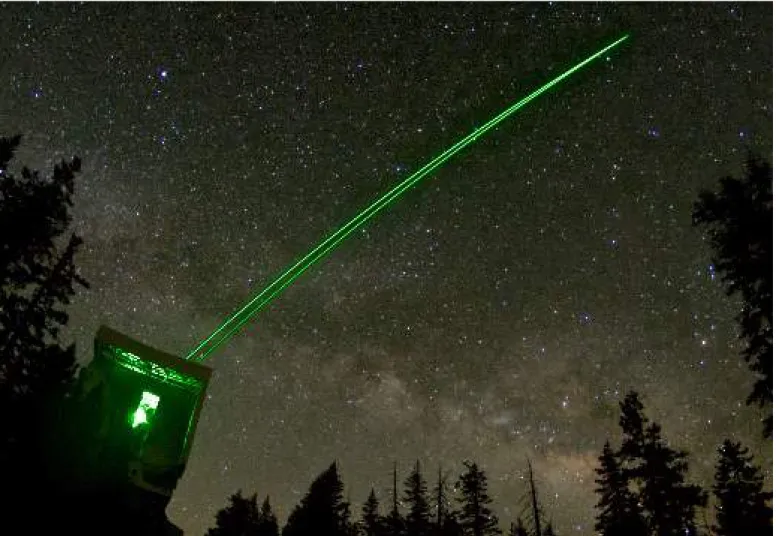 Fig. 1. The ARGOS system propagating a bundle of laser beams on each side of the large binocular telescope