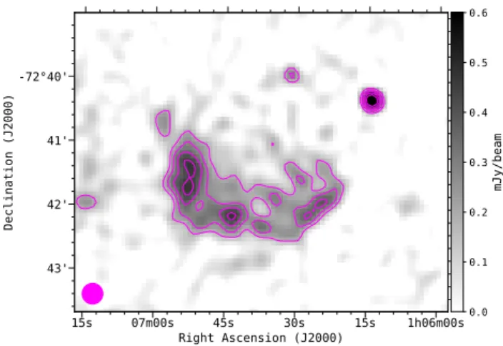 Figure 13. ASKAP ESP image of the new low surface bright- bright-ness SMC SNR candidate MCSNR J0106-7242 at 1320 MHz (grey scale and contours) smoothed to a resolution of 20 00 × 20 00 