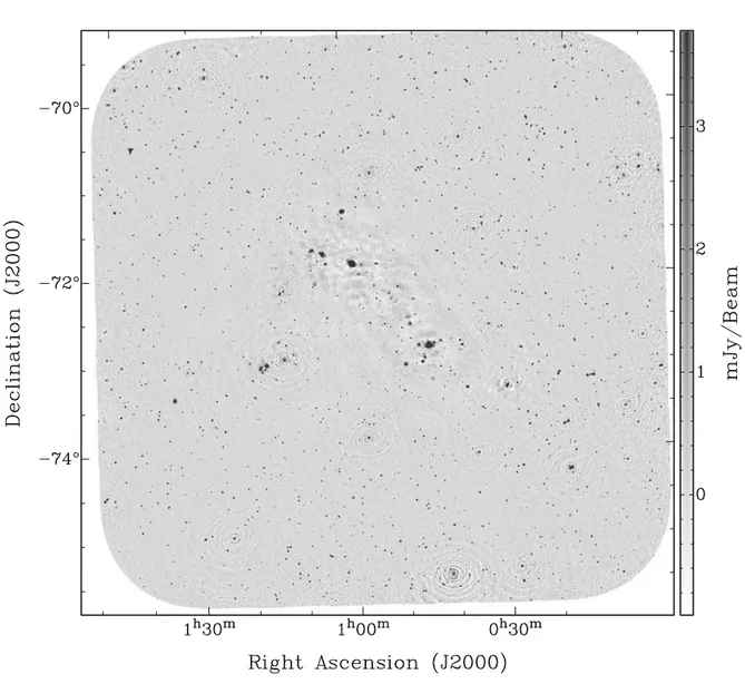 Figure 1. ASKAP ESP image of the SMC at 960 MHz. The beam size is 30.0 00 × 30.0 00 and the side scale bar represents the image grey scale intensity range.