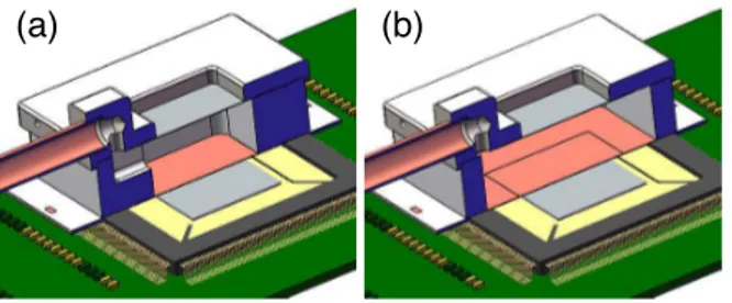 Figure 4: Intensity map of the electric potential in the middle plane of the chamber, for the original design (left; Figure 3a) and the improved design (right; Figure 3b).