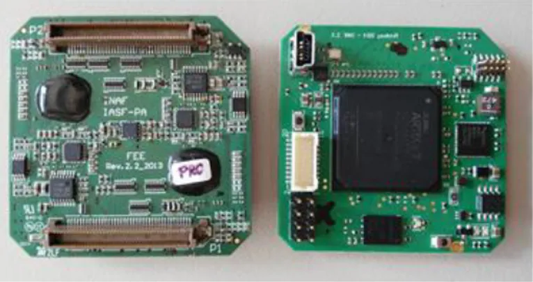 Figure 4. The ASIC board (on the left) and the FPGA board (on the right). The ASIC board shows the side where there are  placed the two ASICs (covered by resin) and the two ADCs with their relevant preamplifiers