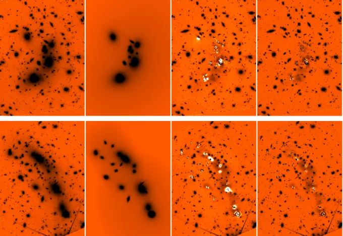 Fig. 2. E ffects of the procedure on the A2744 (top) and M0416 (bottom) H160 image. Left to right: original image, models of galaxies and ICL after STEP 4, processed image after subtraction of the models, final processed image after median filtering (STEP 
