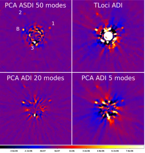 Fig. 6. IFS example: final images using PCA/ASDI (50 modes), PCA/ADI (20 and 5 modes), and TLoci.