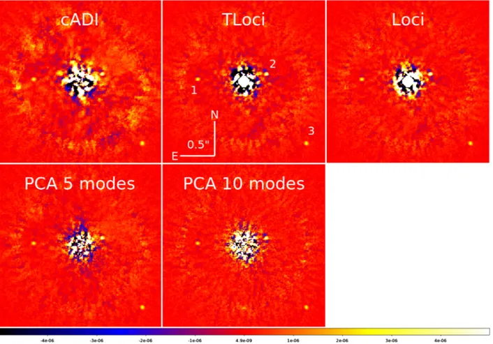 Fig. 3. IRDIS example: final images using cADI, Tloci, Loci, PCA (5 and 10 modes). Images are corrected from the technique throughput and from the coronagraph transmission