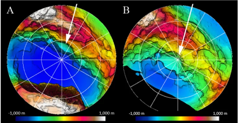 Fig. 2. A) Stereographic projection for the global 67P shape centered on the north pole