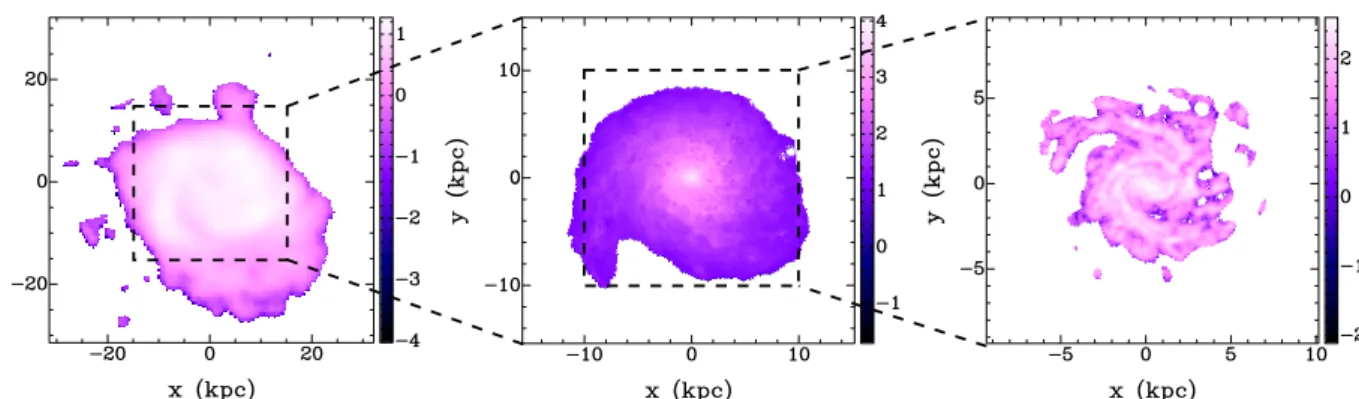 Fig. 4. Surface density maps for the atomic gas, stellar and molecular gas disks of M 99 (from left to right, respectively)