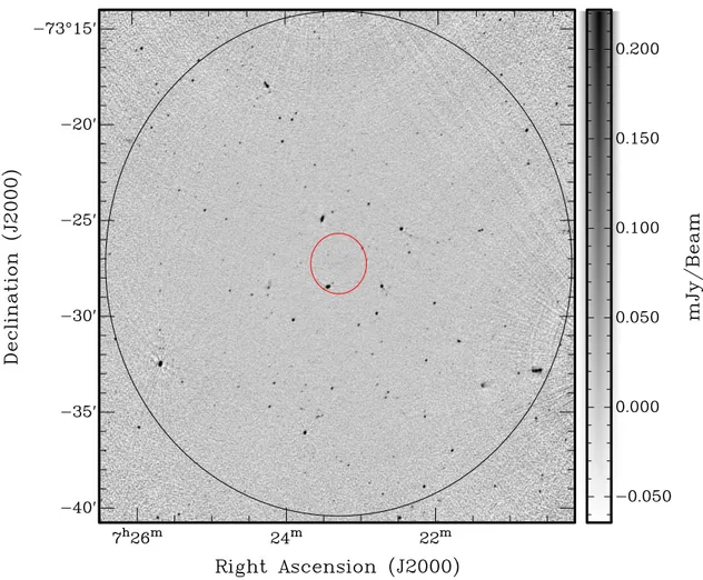 Fig. 2. Final full-resolution, wide-band image of PLCK G285.0-23.7. The outer, big circle denotes the boundary of the primary beam with a radius of ⇠0.22 deg