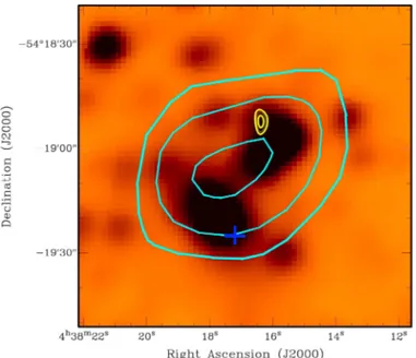 Fig. 3. WISE 4.6 microns image of the central area of PSZ2 G262.73- G262.73-40.92. The centre of the X-ray emission is indicated as a blue cross.