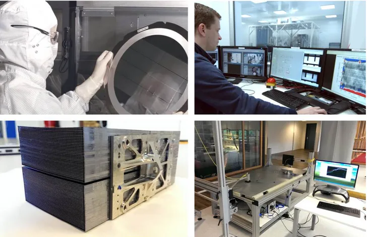 Figure 1. The production and testing of Silicon Pore Optics (SPO) mirror modules and their testing