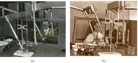 Figure 2.4: Raymond C. Goertz in the early 1950s handling radioactive material using the first (mechanical) teleoperator.