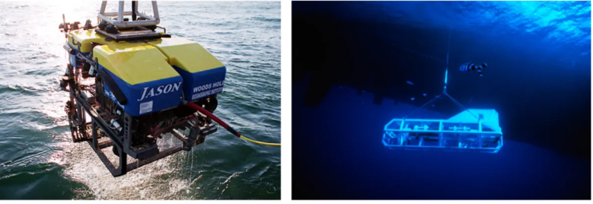 Figure 2.10: The remotely controlled Jason ROV (Fig. 2.10(a)) and the system of television cameras and sonars Argo (Fig