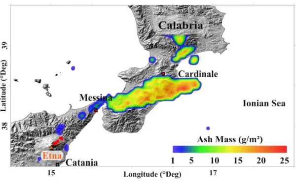 Figure III.4: Example of satellite retrieval showing the ash mass at 19:45 released during the 23 rd February 2013 Etna paroxysm
