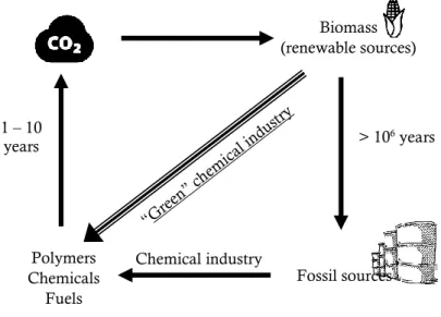 Figure 2.4.: Carbon cycle - time scales of CO 2  utilization using renewable sources (balanced cycle)  opposed to using fossil feedstocks (unbalanced cycle)