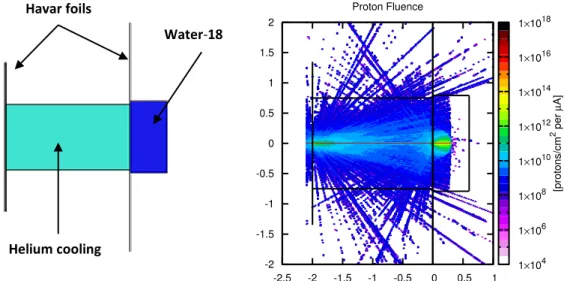 Figure 3.11 MC model of Havar foils, Helium cooling, Water-18 and proton fluence [protons/cm 2 per  primary proton] 