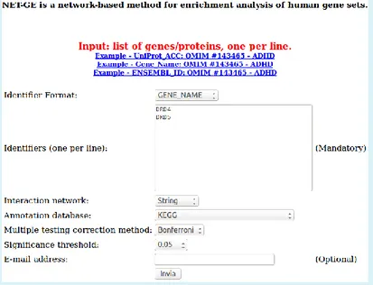 Figure  6.  NET-GE  web  interface.  To  use  the  NET-GE  web  interface,  the  user  is  required  to  perform  the  following steps: i) choose an identifier format; ii) copy and paste a list of gene/protein identifiers; iii) choose a  STRING network; iv
