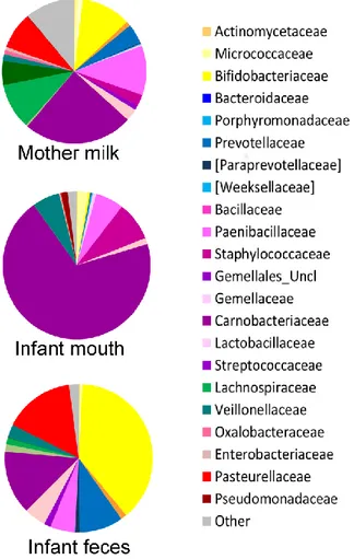 Figure  A2. Average  composition  of  the  bacterial  community  in mother’s  milk and  infant’s  feces and  mouth
