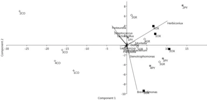Figure 5 Biplot of the Principal Component Analysis of the stomach samples based on the relative  abundance  of  bacterial  genera  per  sample