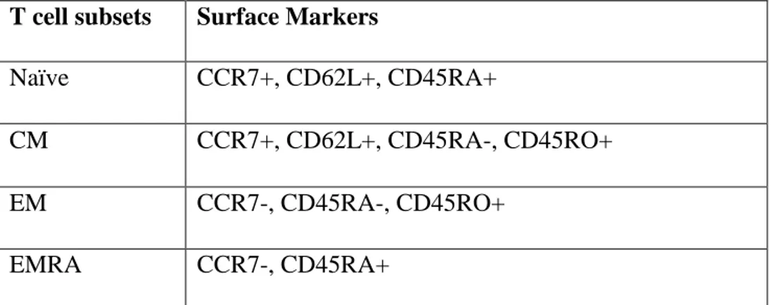 Table 1. T cell subsets and corresponding surface markers 