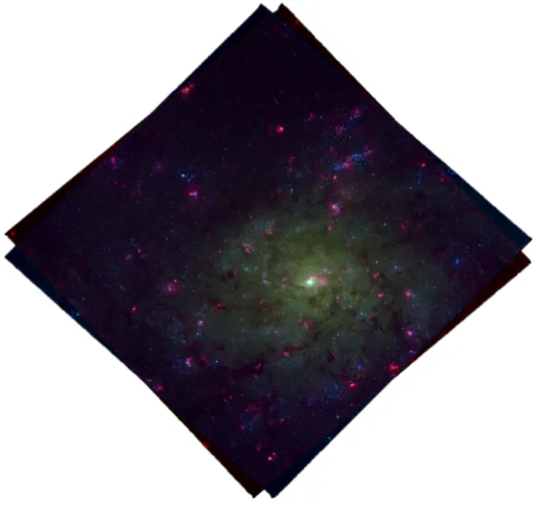 Figure 5.4 shows a color combined image of the eastern field, which includes in red the H↵ emission (F657N filter), tracing the star forming H II regions of the galaxy.