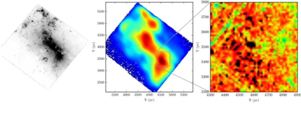 Figure 4.7 shows the spatial distributions of NGC 4449 in the F336W image, the map in physical units (pc) of all stellar sources identified both in the F336W and in the F555W, color coded with the density estimated using a Gaussian kernel, and the 2D histo